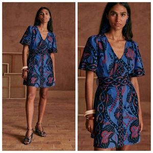Sezane Lohla Printed V Neck Mini Dress Atla Blue A Line Women’s Size FR36 US 4
